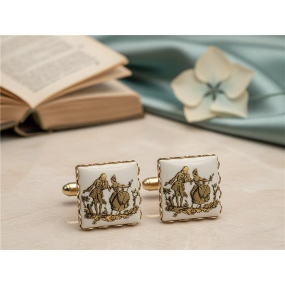 Vintage White Enamel Courting Scene Gold Tone Clip On Earrings 19mm Square